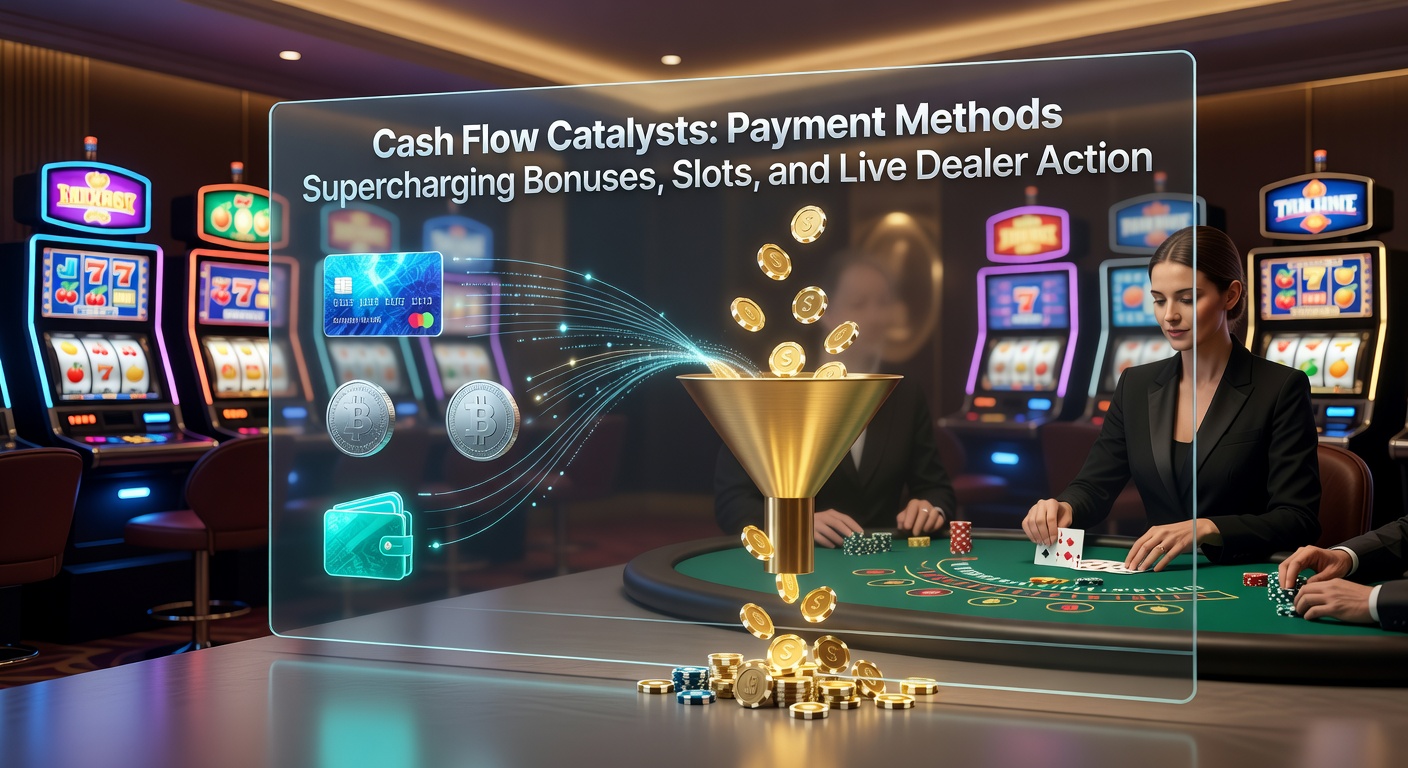 Dynamic digital payment icons overlaying vibrant casino slot reels and live dealer tables, illustrating swift fund transfers boosting gameplay