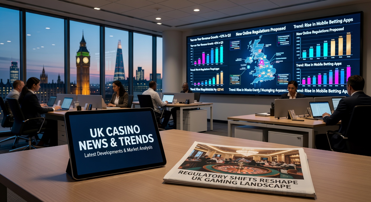 A graphic depicting UK casino operators navigating regulatory hurdles, with icons for taxes, checks, and compliance documents