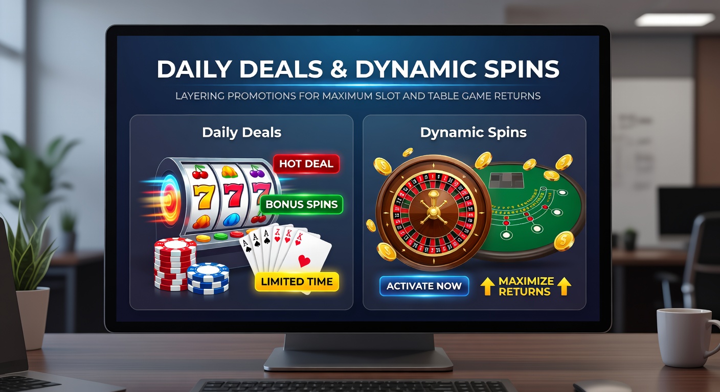 Close-up of a mobile screen displaying layered casino promotions with daily deals, dynamic free spins icons, and slot reels in action alongside table game chips