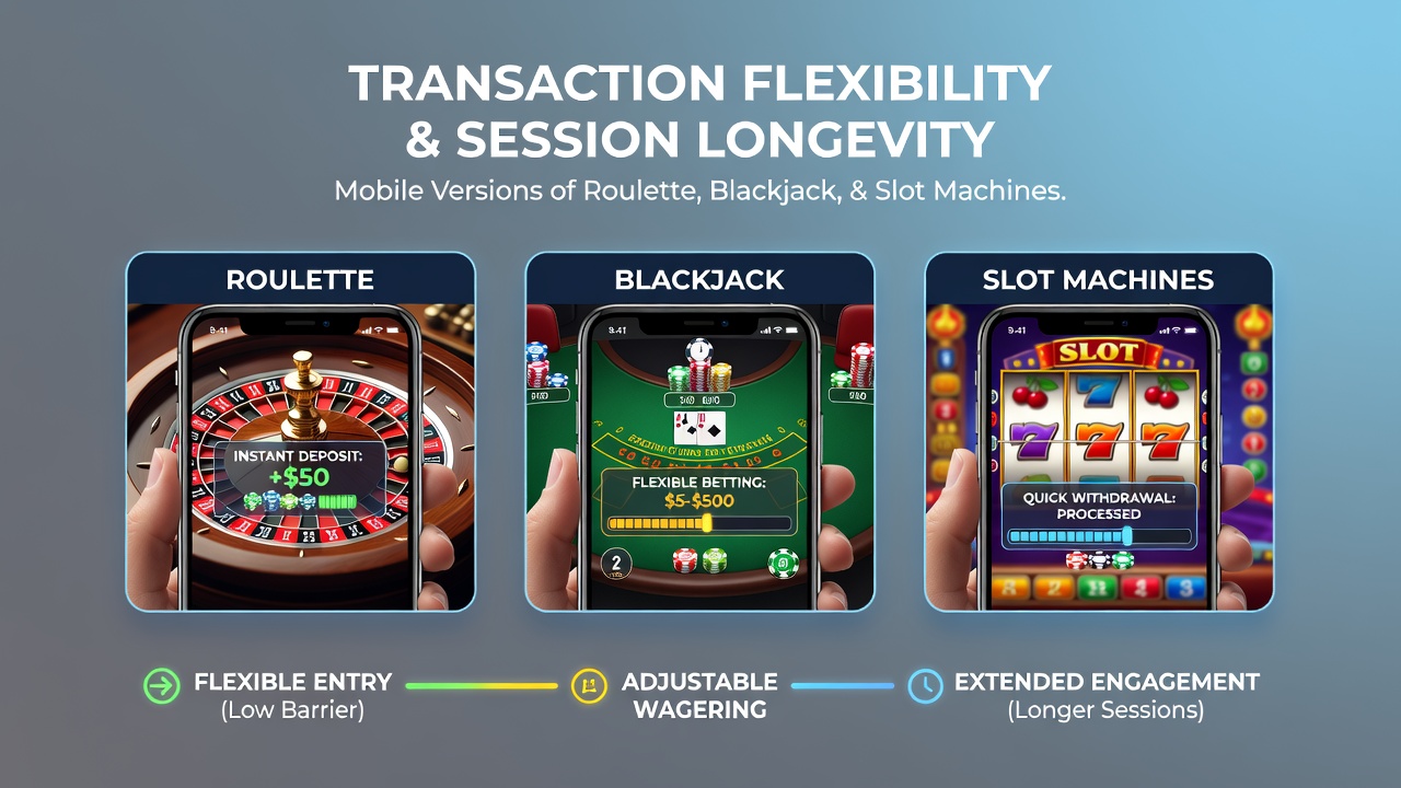 Mobile casino interface showing flexible payment options for roulette, blackjack, and slots