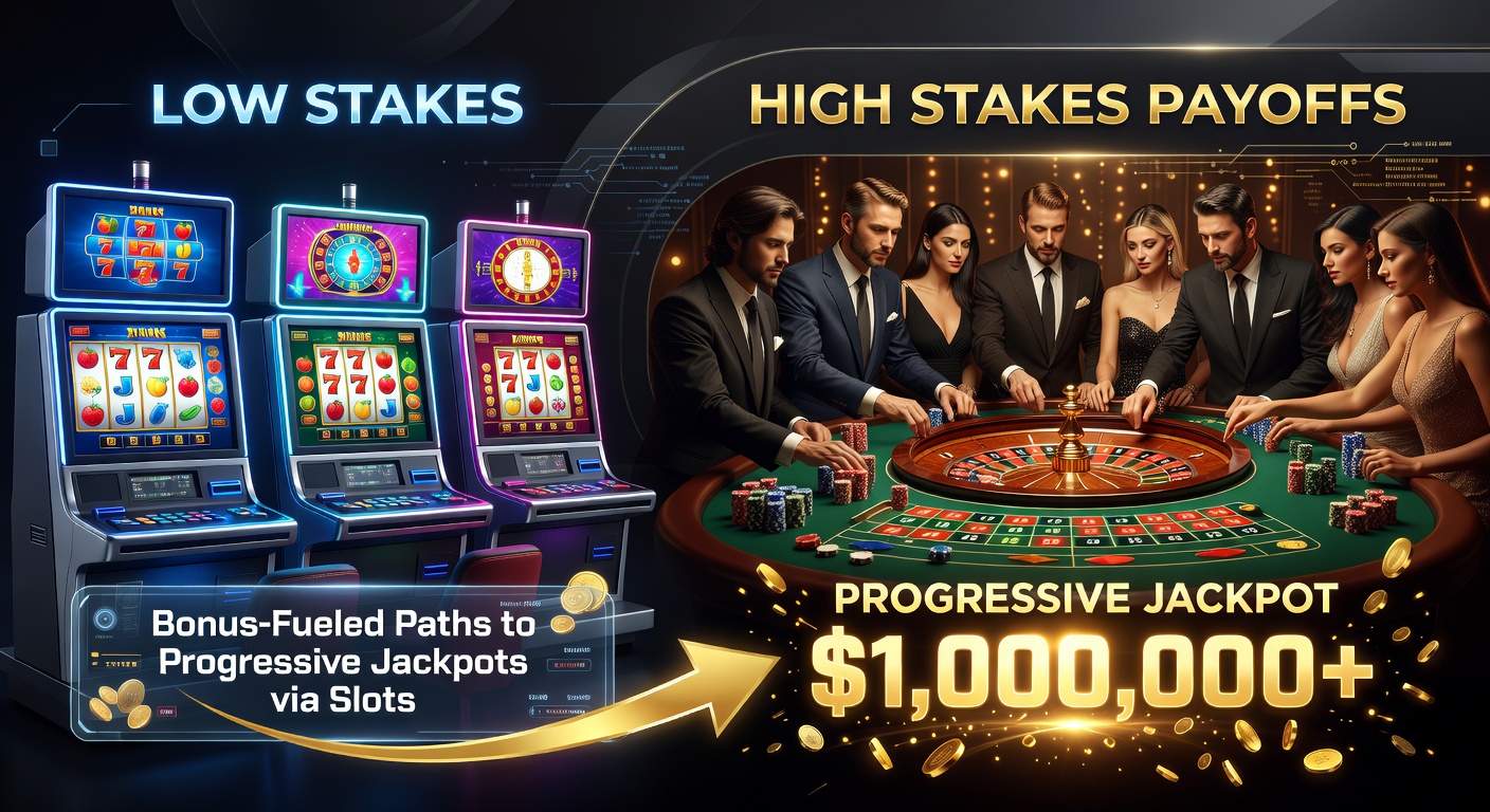 Vibrant slot machine display showing a progressive jackpot counter climbing amid colorful lights and spinning reels, symbolizing low-stake opportunities leading to massive payouts