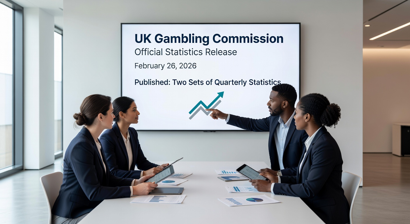 Illustration of slot machines in a UK pub setting with players engaged, overlaid with key stats from the Gambling Commission's February 2026 publications