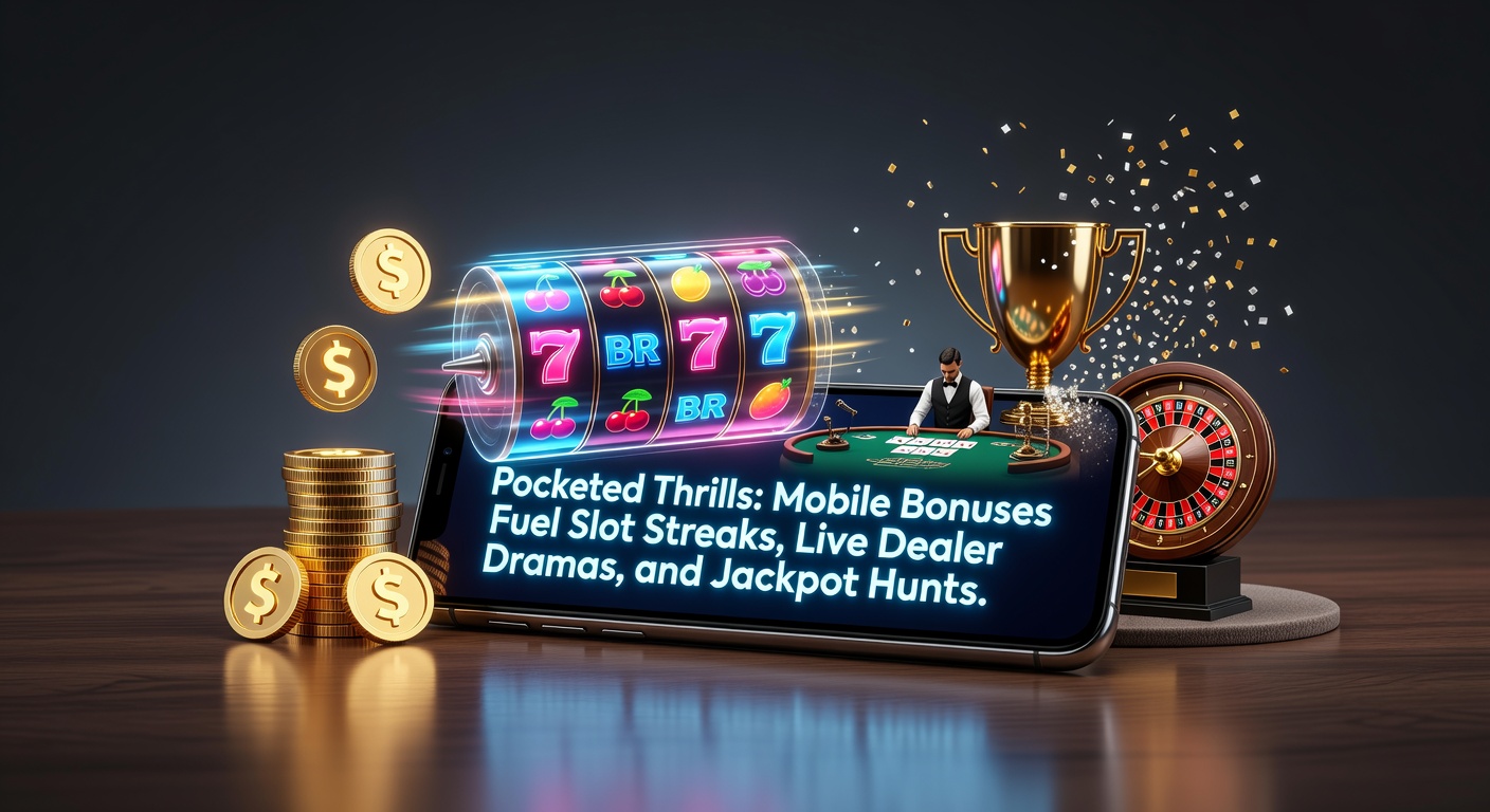 Smartphone screen displaying vibrant slot reels with bonus overlays and jackpot counters ticking upward amid live dealer table previews