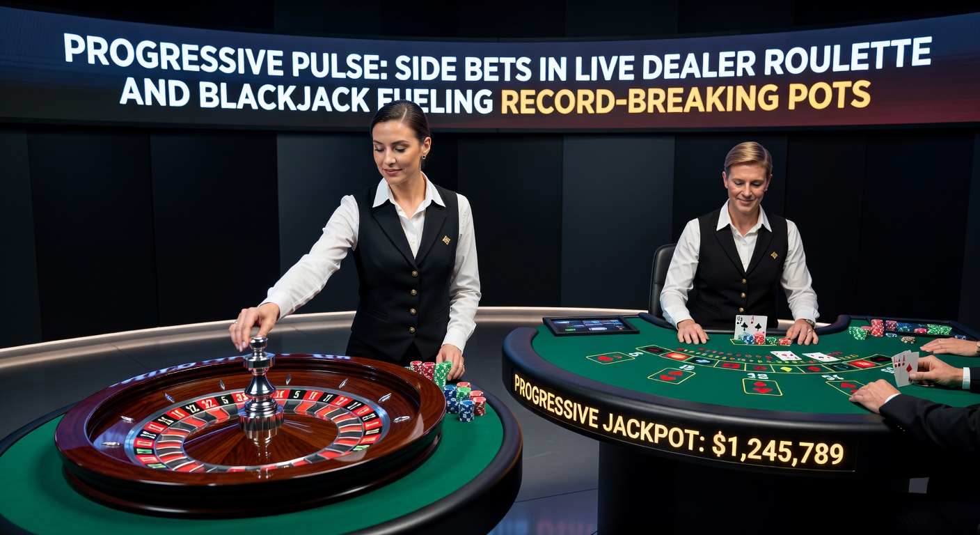 Dynamic live dealer roulette wheel spinning with glowing progressive jackpot side bet meter climbing rapidly in the background