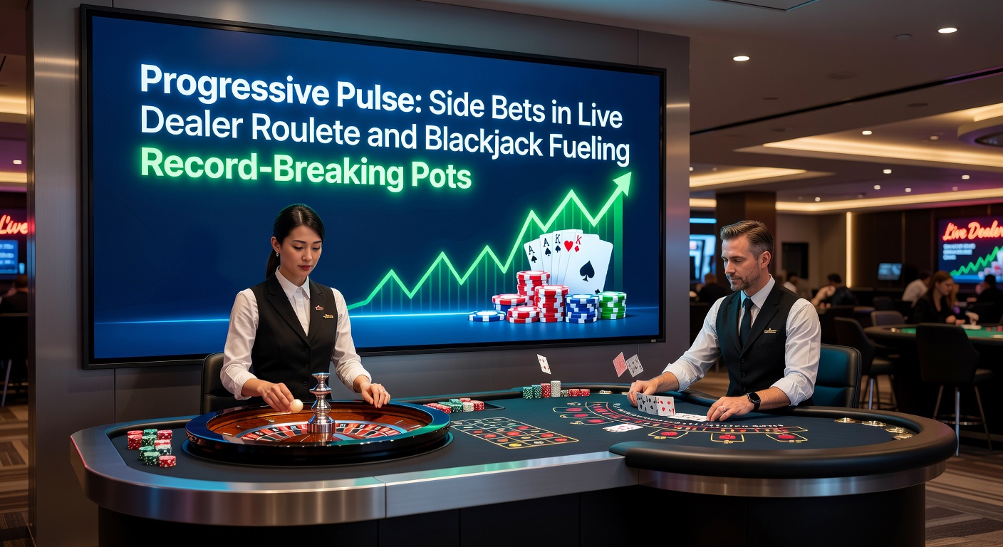 Intense live dealer blackjack hand with progressive side bet icons for perfect pairs and suited trips glowing on the interface, jackpot counter nearing record levels