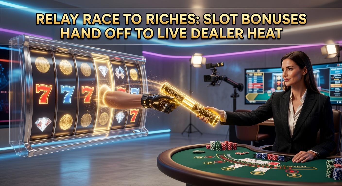 Live dealer at a blackjack table receiving a baton from glowing slot symbols, symbolizing bonus transition in casino relays