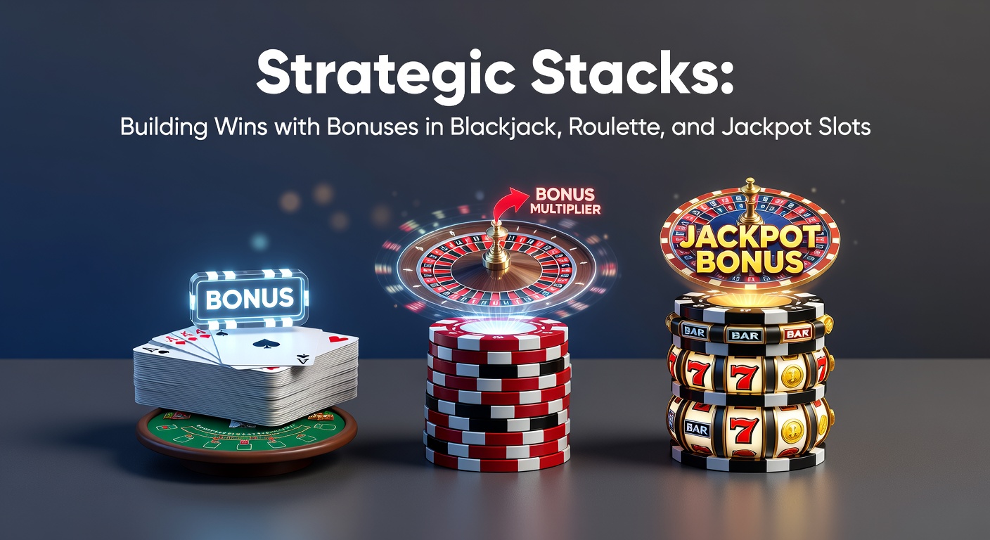 Dynamic casino table with blackjack cards, roulette wheel, and glowing jackpot slot machine, illustrating bonus stacking opportunities