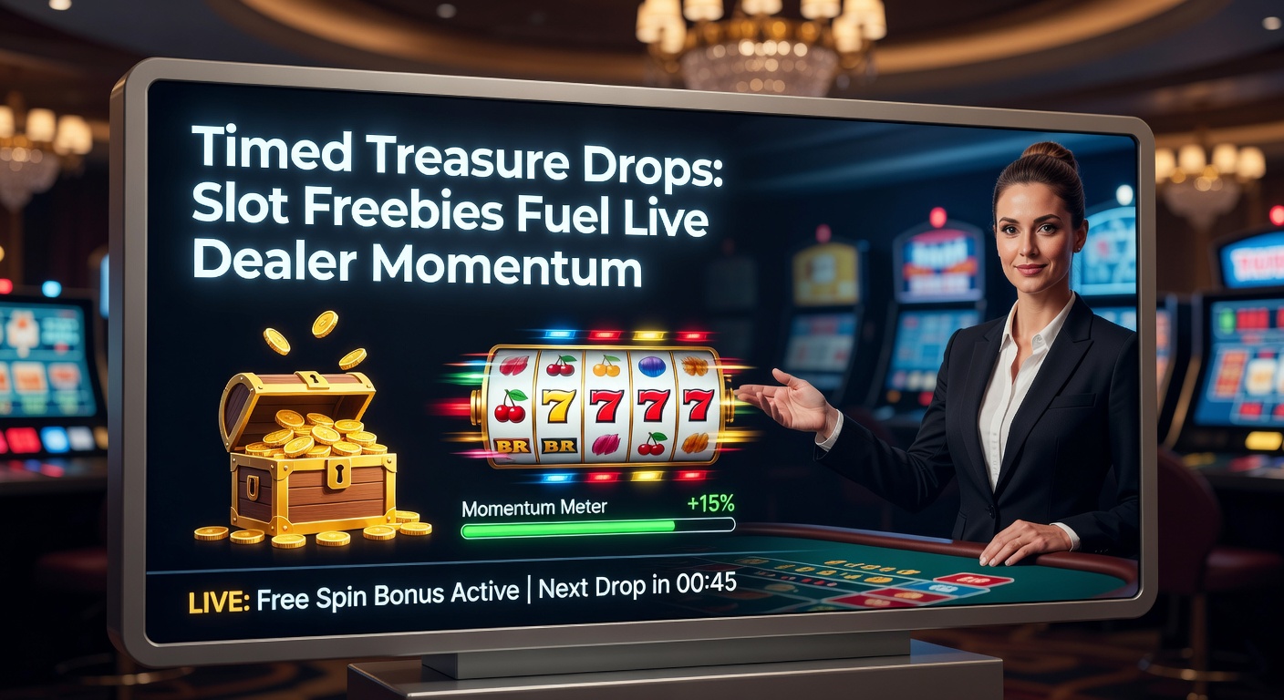 Vibrant slot machine screens flashing with timed treasure drop notifications, coins cascading amid live dealer tables in the background